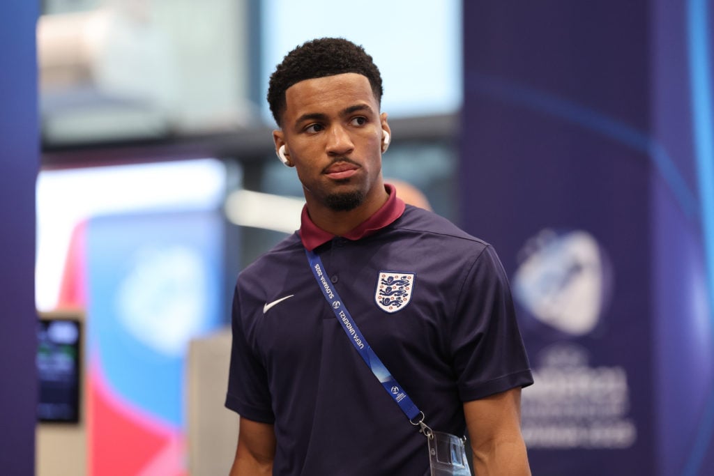 Ethan Nwaneri looks on before England v Germany in the under-21s Euros