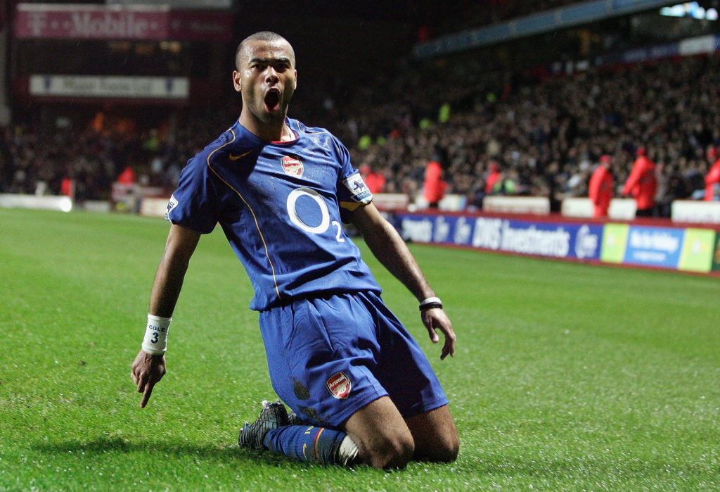 Ashley Cole celebrates for Arsenal after scoring against Aston Villa in the Premier League.