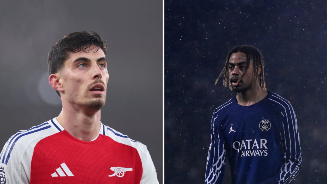 Split Image of Kai Havertz of Arsenal during the Premier League match between Arsenal FC and Ipswich Town, Bradley Barcola of Paris Saint-Germain l...