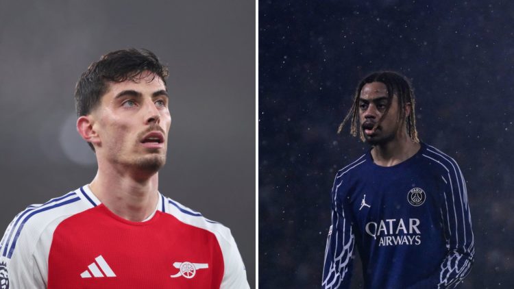 Split Image of Kai Havertz of Arsenal during the Premier League match between Arsenal FC and Ipswich Town, Bradley Barcola of Paris Saint-Germain l...