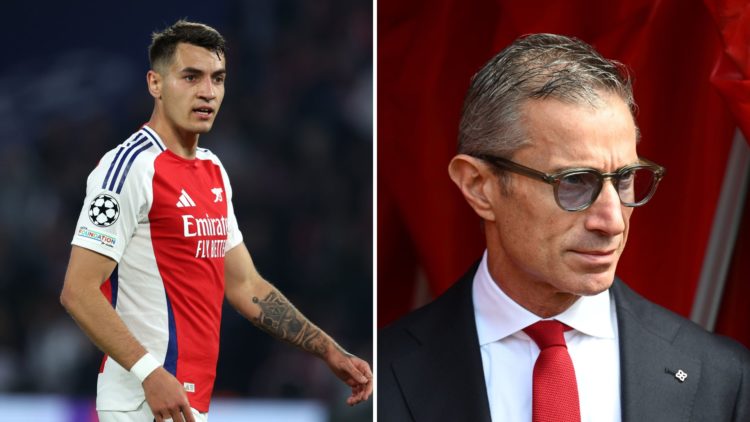 Split Image of Andrea Berta looks on before Southampton FC v Arsenal FC in the Premier League clash, Jakub Kiwior of Arsenal in action during the U...