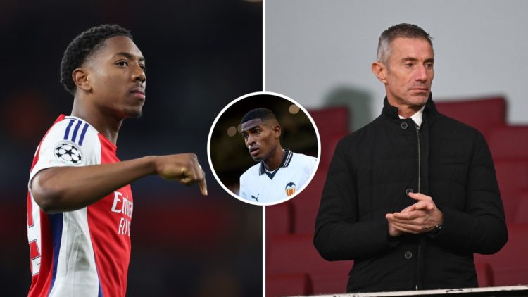 Split Image of Myles Lewis-Skelly of Arsenal reacts at full time during the UEFA Champions League 2024/25 Quarter Final First Leg match between Ars...