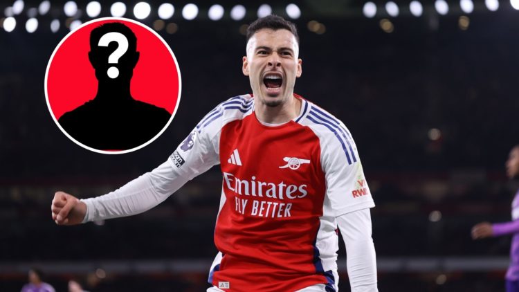 Image of Gabriel Martinelli of Arsenal celebrates their 2nd goal during the Premier League match between Arsenal FC and Fulham, Inset of a mystery ...