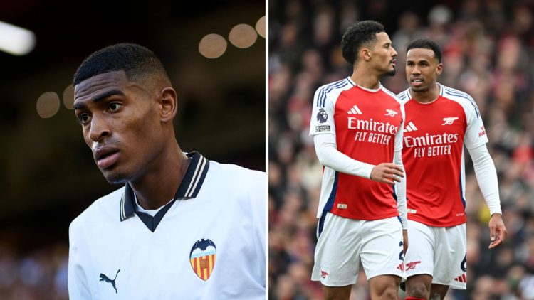 Split Image of Cristhian Mosquera of Valencia CF looks on prior to the LaLiga EA Sports match between Valencia CF and Granada, William Saliba and G...