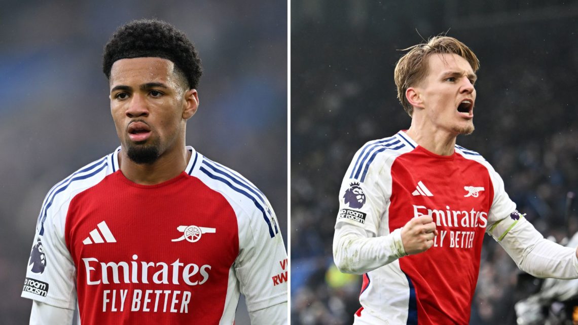 Split Image of Ethan Nwaneri of Arsenal during the Premier League match between Leicester City FC and Arsenal, Martin Odegaard of Arsenal celebrate...
