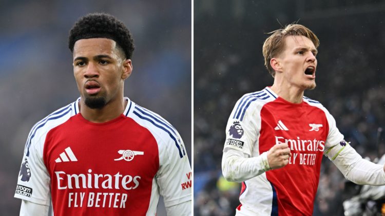 Split Image of Ethan Nwaneri of Arsenal during the Premier League match between Leicester City FC and Arsenal, Martin Odegaard of Arsenal celebrate...