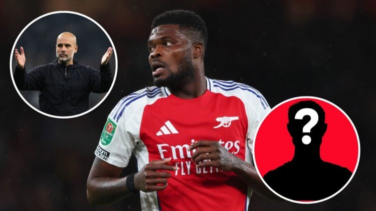 Image of Thomas Partey of Arsenal during the Carabao Cup Quarter Final match between Arsenal and Crystal Palacel, Insets of Pep Guardiola Manager o...