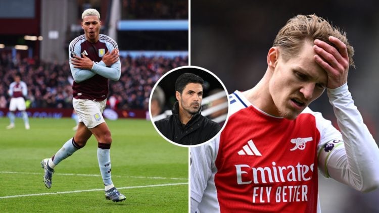 Split Image of Morgan Rogers celebrates scoring during Aston Villa FC v Manchester City, Martin Odegaard of Arsenal during the Premier League match...