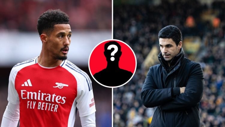 Split Image of William Saliba of Arsenal during the Premier League match between Arsenal FC and Chelsea, Arsenal's manager Mikel Arteta looks on du...