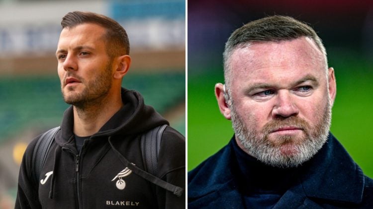 Split Image of Jack Wilshere arrives before the Sky Bet Championship match between Norwich City and Bristol City, Wayne Rooney participates in the ...