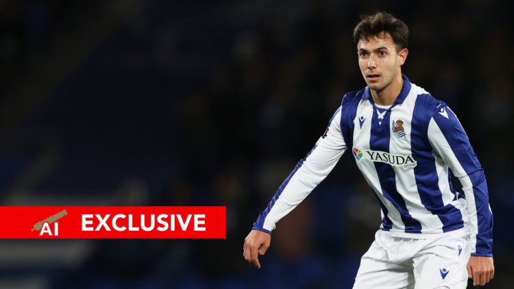 An image featuring Martin Zubimendi during a Real Sociedad match alongside an exclusive banner from Arsenal Insider