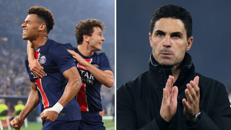 A split image featuring PSG players celebrating in the Champions League alongside Mikel Arteta of Arsenal celebrating