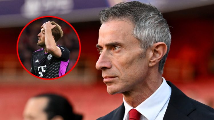 Andrea Berta, Sporting Director of Arsenal, prior to the Champions League match between Arsenal and Paris Saint-Germain, inset, Harry Kane looks de...