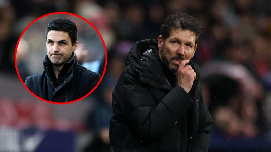 Diego Pablo Simeone reacts during the LaLiga match between Atletico de Madrid and Athletic Club, inset, Mikel Arteta prior to the Premier League ma...