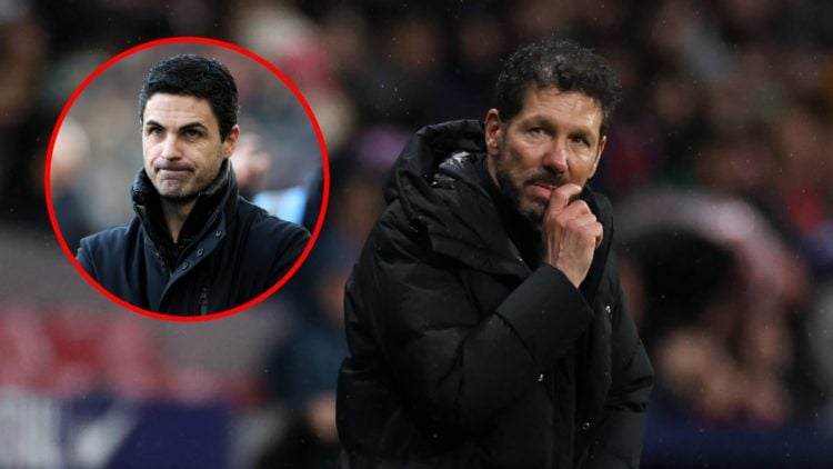 Diego Pablo Simeone reacts during the LaLiga match between Atletico de Madrid and Athletic Club, inset, Mikel Arteta prior to the Premier League ma...