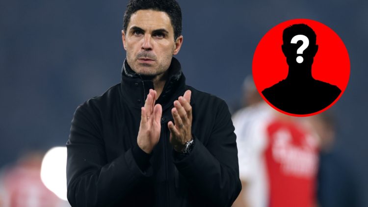 Mikel Arteta applauds after an Arsenal game alongside a mystery player inset
