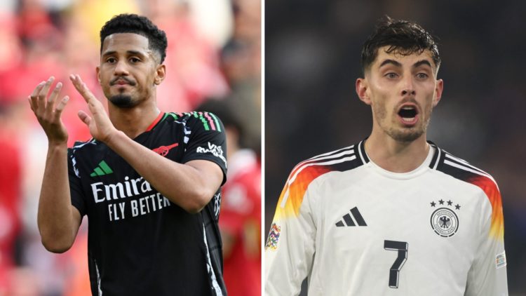William Saliba applauds after Liverpool vs Arsenal (L), Kai Havertz of Germany reacts during the UEFA Nations League 2024/25 League A Group A3 matc...