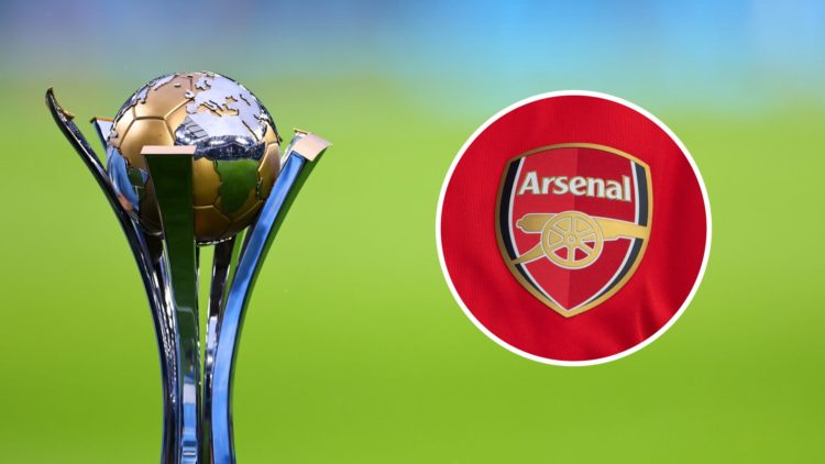 An image of the FIFA Club World Cup trophy with an inset of the Arsenal badge