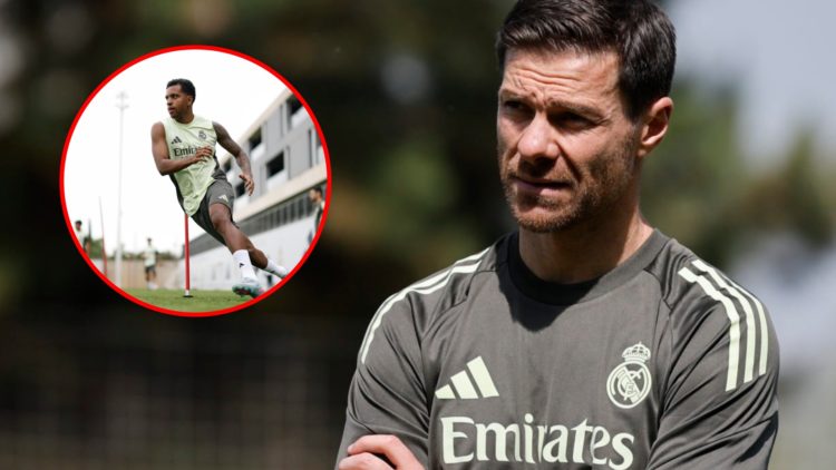 Xabi Alonso head coach of Real Madrid at Valdebebas training ground, inset, Rodrygo Goes training at Valdebebas training ground.