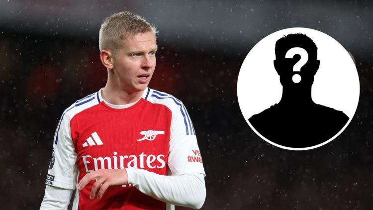Image of Oleksandr Zinchenko looking on during an Arsenal game with an inset of a mystery player