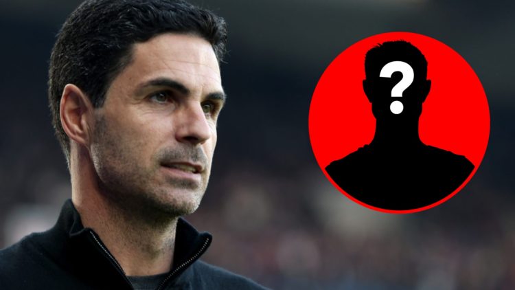 Mikel Arteta looks on during PSG vs Arsenal alongside a mystery person inset