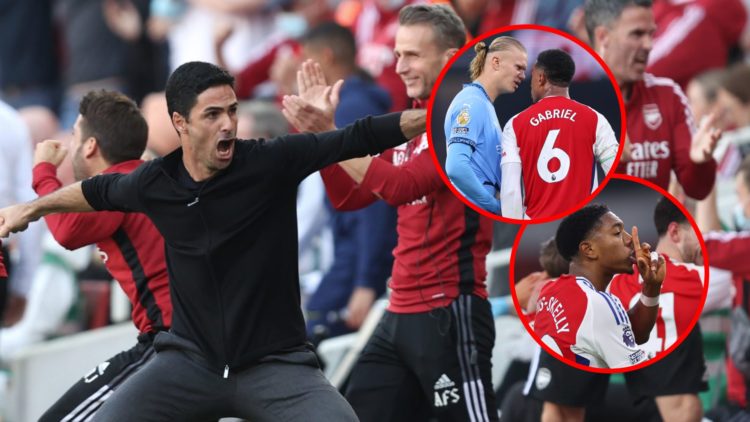 Mikel Arteta during the Premier League match between Arsenal and Tottenham Hotspur, insets, Gabriel Magalhaes and Erling Haaland square up during t...