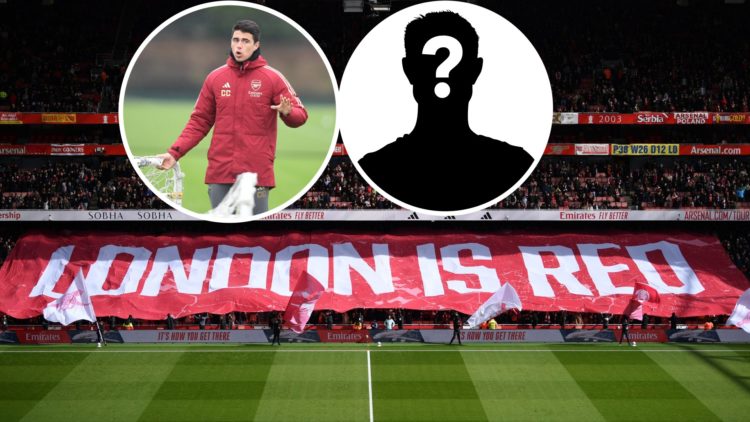 Image of Arsenal fans holding a 'London is Red' banner at the Emirates Stadium with insets of Carlos Cuesta giving instructions in training and a m...