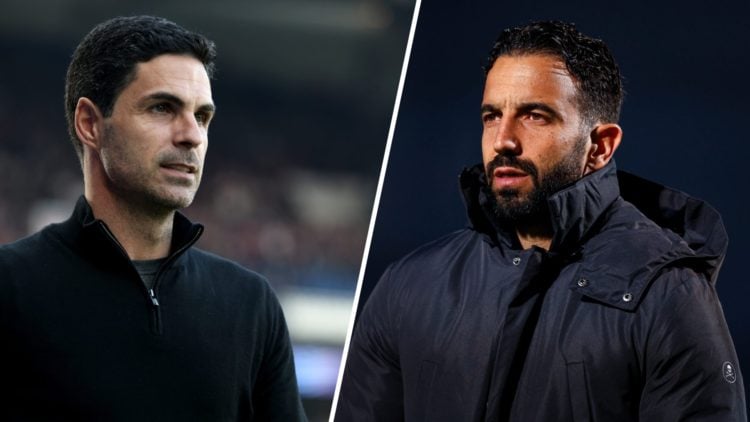 Split image of (L) Mikel Arteta looking on during an Arsenal game and (R) Ruben Amorim looking on when he was the manager of Sporting CP