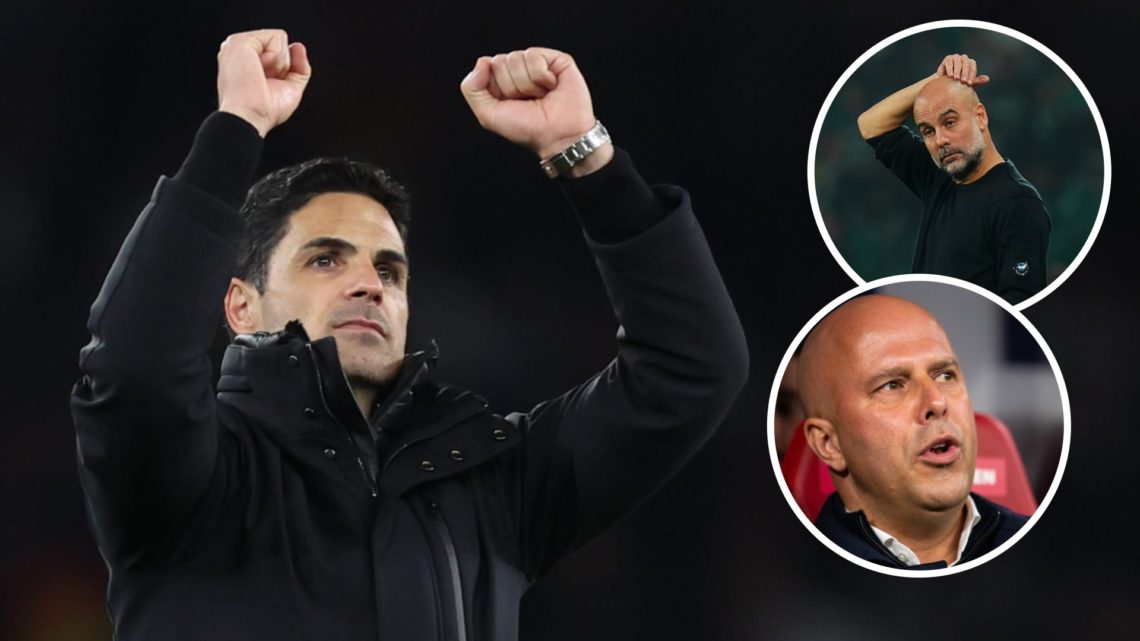 Image of Arsenal manager Mikel Arteta celebrating after a win with insets of Pep Guardiola looking confused during a Manchester City game and Arne ...