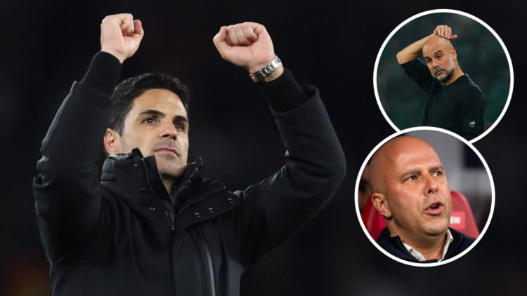 Image of Arsenal manager Mikel Arteta celebrating after a win with insets of Pep Guardiola looking confused during a Manchester City game and Arne ...