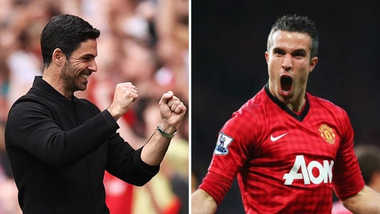 A split image featuring Mikel Arteta celebrating alongside Robin van Persie for Manchester United