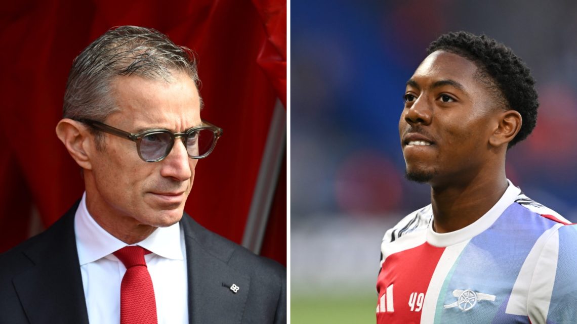 Split image of (L) Andrea Berta looking on before an Arsenal game and (R) Myles Lewis-Skelly warming up before
