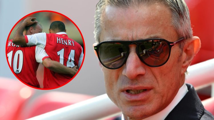 Andrea Berta, Sporting Director of Arsenal, looks on prior to the Premier League match between Liverpool and Arsenal, inset, Thierry Henry with tea...