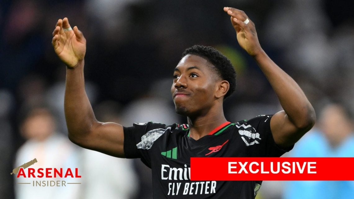 Image of Myles Lewis-Skelly celebrating after Arsenal's win over Real Madrid in the Champions League, overlaid an exclusive banner and the Arsenal ...