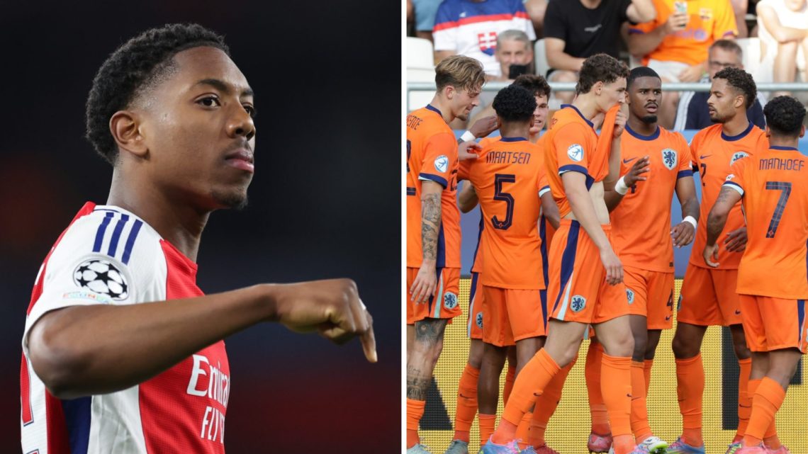 A split image featuring Myles Lewis-Skelly of Arsenal alongside the Netherlands under-21s team celebrating
