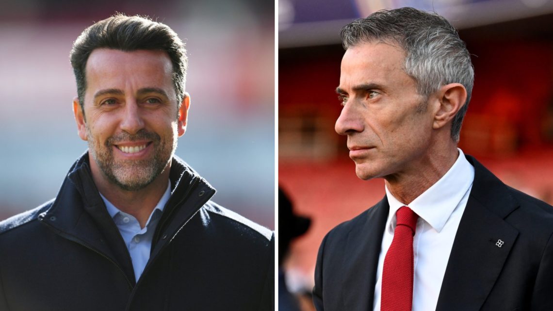 A split image of Edu Gaspar alongside Andrea Berta as sporting directors of Arsenal