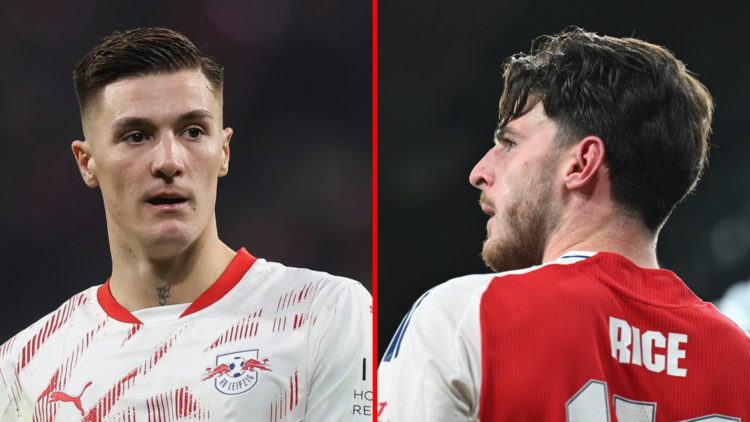 Split image of (L) Benjamin Sesko during the DFB Cup quarterfinal match between RB Leipzig and VfL Wolfsburg and (R) Declan Rice during the UEFA Ch...