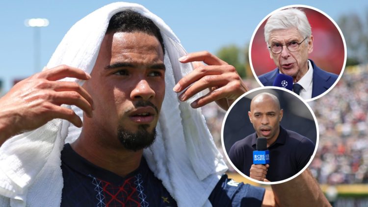 Image of Warren Zaire-Emery with a towel on his head with insets of Arsene Wenger and Thierry Henry both speaking into a mic
