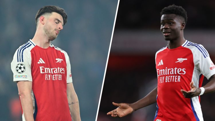 Split image of (L) Declan Rice looking upset and (R) Bukayo Saka complaining both during Arsenal games