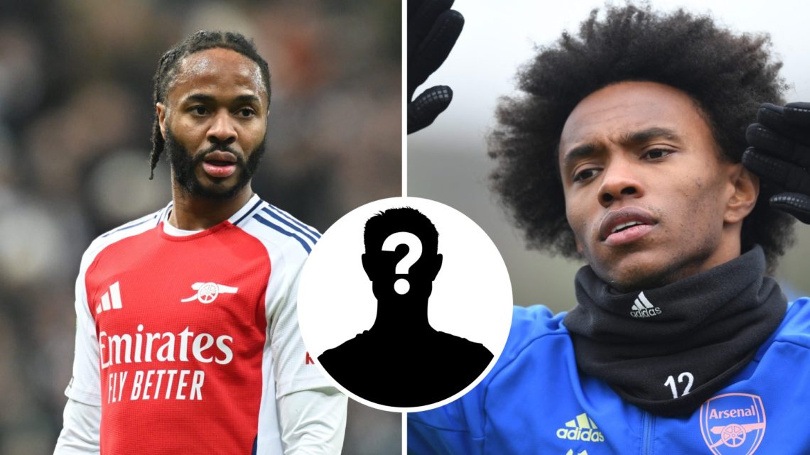Split image of (L) Raheem Sterling looking on during an Arsenal game and (R) Willian looking dejected during an Arsenal training session, with an i...