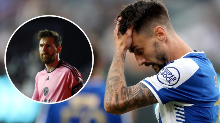 Image of Arsenal loanee at Porto Fabio Vieira looking down in disappointment with an inset of Lionel Messi looking on during an Inter Miami game