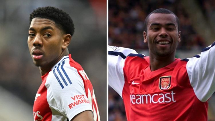 Left: Myles Lewis-Skelly looks on during Arsenal's Carabao Cup clash against Newcastle United. Right: Ashley Cole celebrates for Arsenal after scor...