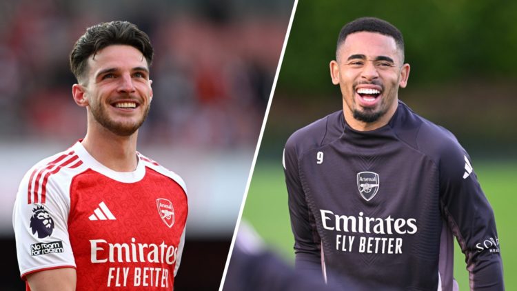 Split image of (L) Declan Rice smiling during an Arsenal game and (R) Gabriel Jesus laughing during an Arsenal training session