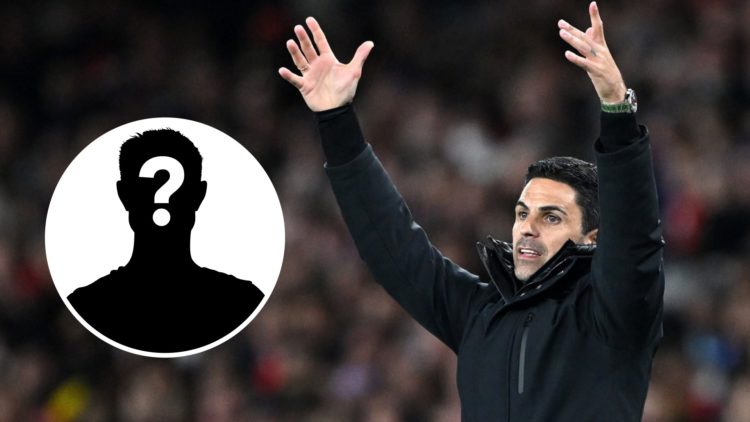 Image of Arsenal manager Mikel Arteta with his arms up in the during a game along with an inset of a mystery player