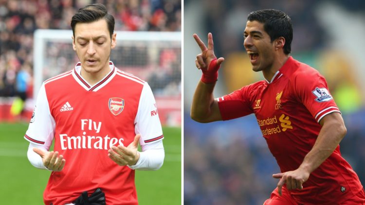 Arsenal's Mesut Ozil prays before the Premier League match between Arsenal FC and West Ham United at Emirates Stadium (L) Luis Suarez of Liverpool ...