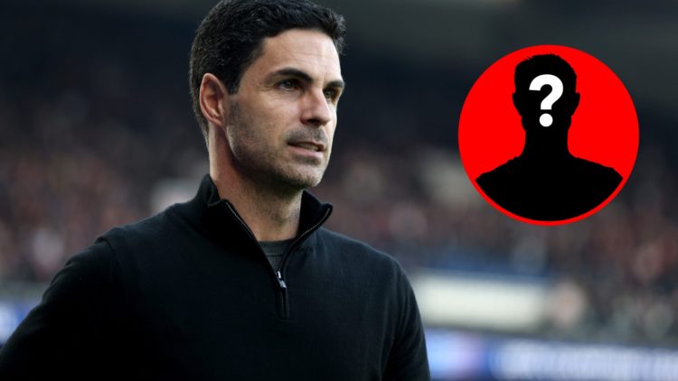Mikel Arteta looks on during an Arsenal match alongside a mystery player insert