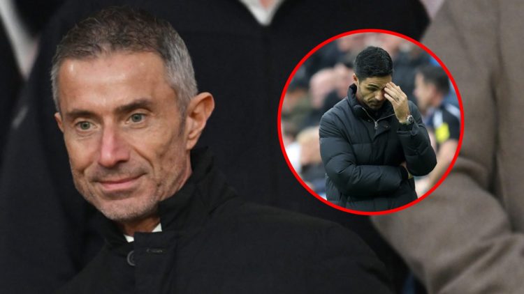 Andrea Berta speaks to Richard Garlick prior to the Premier League match between Arsenal and Fulham, inset, Mikel Arteta during the Premier League ...