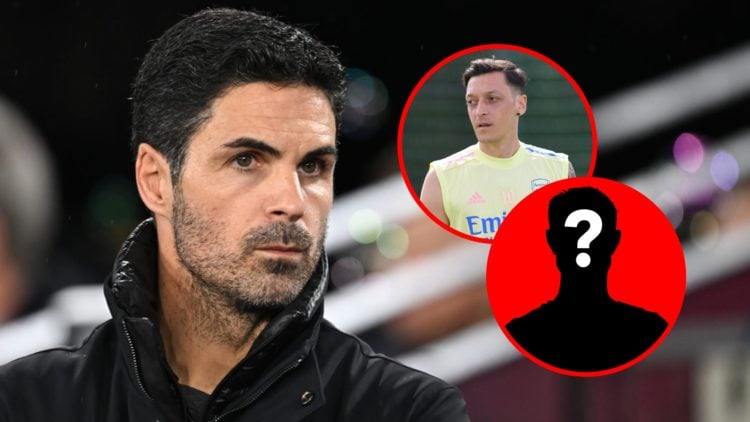 Mikel Arteta prior to the Premier League match between West Ham United and Arsenal, inset, Mesut Ozil during an Arsenal training session and myster...