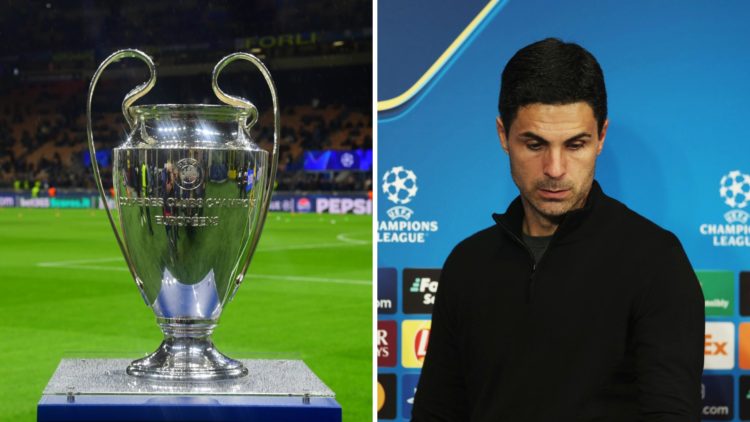A general view of the UEFA Champions League trophy occurs during the round of 16 UEFA Champions League match between Inter Milan and Feyenoord Rott...