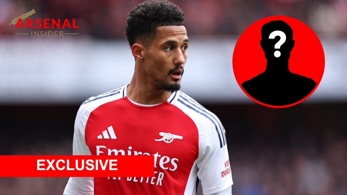 An image featuring William Saliba looking on alongside an exclusive logo and a mystery player inset